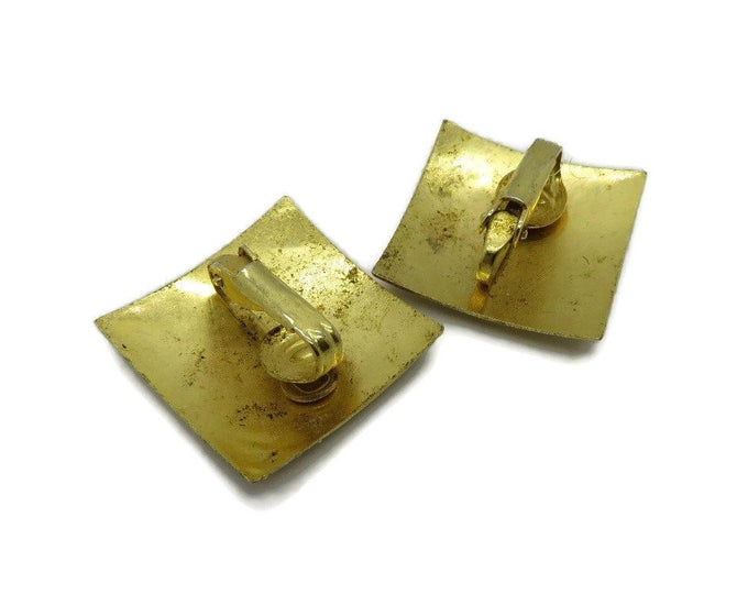 Embossed Square Earrings, Vintage Gold Tone Clip-on Earrings, Costume Jewelry Gift Idea