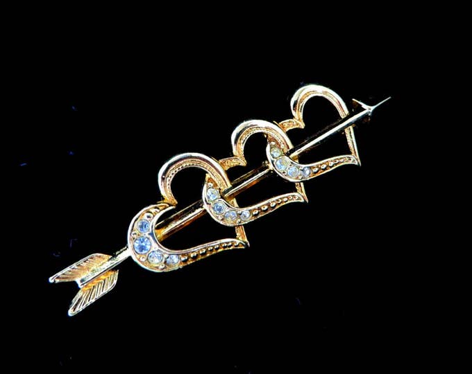 Rhinestone Hearts Brooch, Vintage Pin, Signed Avon Hearts Brooch, Triple Heart and Arrow Rhinestone Studded Pin, Gift for Her