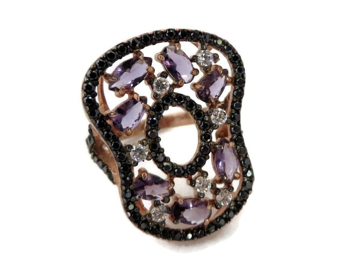Sterling Silver Amethyst Ring, Statement Jewelry, Vintage Amethyst, Sapphire, CZ Vintage 14K Rose Gold Plated Silver Ring, Size 6