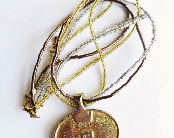 Vintage KC Pendant Necklace, Oval Amber Medallion Costume Jewelry Triple Strand Boho Bead Necklace Gift Idea