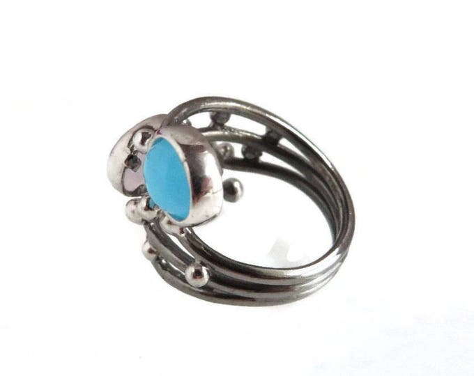 Sterling Silver Ring, Blue Pink White Gemstone Multiband Ring Vintage Costume Jewelry Gift Idea Size 6