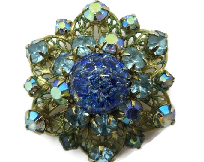 Vintage Kramer Brooch - Blue AB Rhinestone, Art Glass, Gold Metal Vintage Estate Jewelry, Gift idea, Gift Boxed