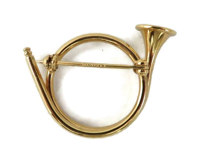 Napier French Horn Brooch Vintage Gold Tone Horn Pin, Coat, Jacket, Hat Pin