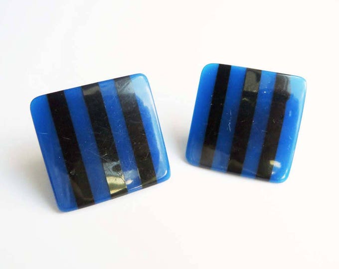 Lucite Striped Pierced Earrings Vintage Square MOD Black & Blue Studs, Retro Jewelry Gift Idea