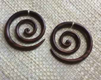 Extra Large Spiral Fake Gauge Wood, Wooden Spiral Earrings, Wood Fake Piercing