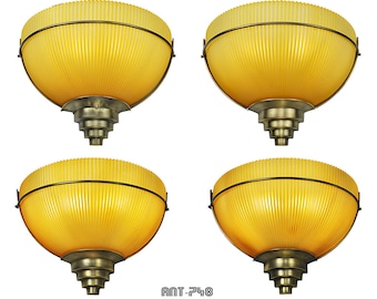 Set of 4 Vintage Wall Sconces Amber Holophane Style Slip Shade Lights (ANT-748)