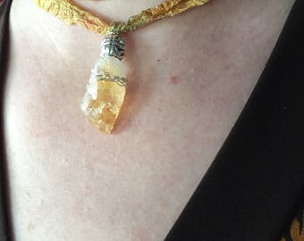 Boho style Yellow crystal choker with hand dyed ribbon extra long for double wrapping. Silver wire and bead.