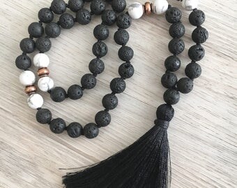 Solstice Mala ~ Black Lava Stone & Howlite ~ Hand Knotted Mala Necklace, 108 Bead Mala, Meditation Beads, Tassel Necklace, Yoga Necklace