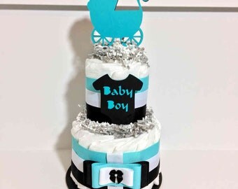 Aqua Baby Boy Diaper Cake Centerpiece Set, Robins Egg Diaper Cake, Boy Baby Shower