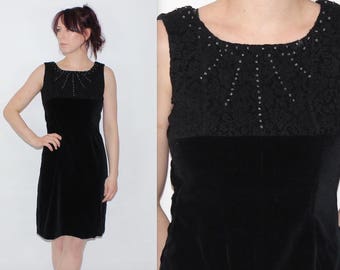 Vintage 1990's Black VELVET Floral Lace BEADED Sleeveless Short Party Dress Size 10