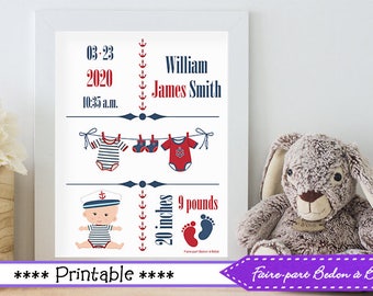 Digital wall art- Personalized Birth Stats art - nursery art - Nautical nursery art - 8x10 - Digital Printable