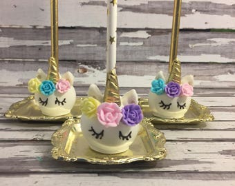 12 Rainbow Mini Unicorn Cake Pops Roses Golden Horns Birthday Party Favors Sweets Table Treats Gold