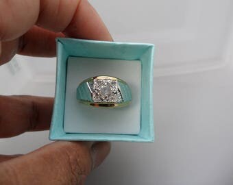 Cool Mens Rings Fake Diamond Ring Vintage Mens Signet Ring Men Faux Diamond Ring Mid Century Ring Geometric Shapes Two Tone Ring for Him