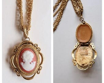 Vintage 1960s Max Factor Solid Perfume Locket With Elegant Woman, Medallion Necklace, 70s, Pin, Compact, Brooch, Cameo, Boho, Gold, Gift