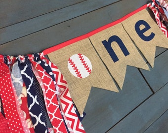 ONE Baseball First Birthday Navy Blue & Red Highchair Burlap Bunting Pennant Banner for Baby Boy Party Decoration, Photo Prop