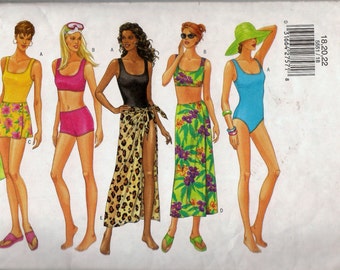 Butterick 5551 Sewing Pattern Misses' One or Two Piece Swimsuit Maillot and Cover-up Wrap Sarong Pareo Size 18 20 22 Uncut