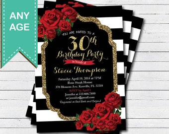 30th birthday invitation for lady. Red rose black and gold glam Valentine woman birthday invite. Any age. Printable digital file. AB146