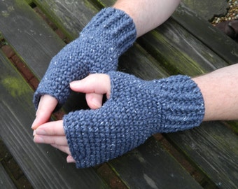 Men's Fingerless Mittens , Gloves in Blue with White Fleck's