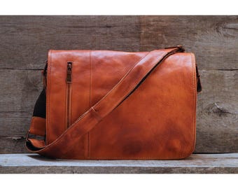 Men's Distressed Full Grain Leather Messenger Bag, Leather Bag, Cross Body Bag, Briefcase (68023TAN)