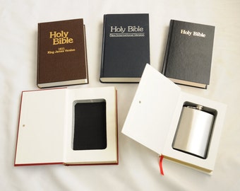 Real Bible Book Safe w/ 8oz Steel Flask Hidden in Hollow Secret Hidden Bible