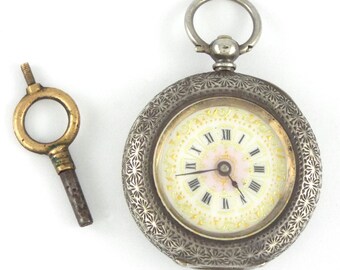 1890-1907s Antique Swiss Sterling Silver 935 Ladies Pocket Watch for UK w/ Key