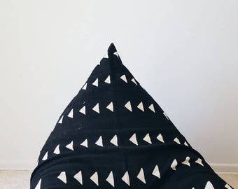 Authentic Mudcloth Boho Lounger™, Mudcloth Pouf, Boho Pouf, Warm Black with Cream Beige, Triangles, Geometric