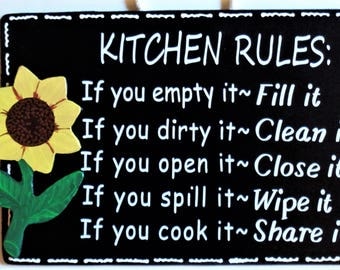 SUNFLOWER Kitchen Rules SIGN Wall Hanger Hanging Plaque Handcrafted Hand Painted Country Wood Crafts Decor