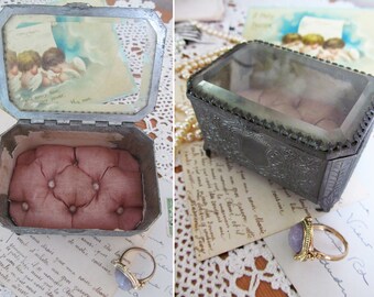 Adorable petite antique French casket~Very decorative metalwork~Plump silken cushioned base~Bevelled glass lid~Wedding ring holder?