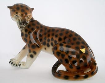 Vintage Royal Dux Czech Spotted Leopard Figurine, Vintage Decorative Tableware