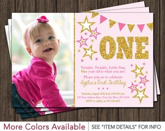 Twinkle Twinkle Little Star Birthday Invitation - Pink and Gold First Birthday Invitations