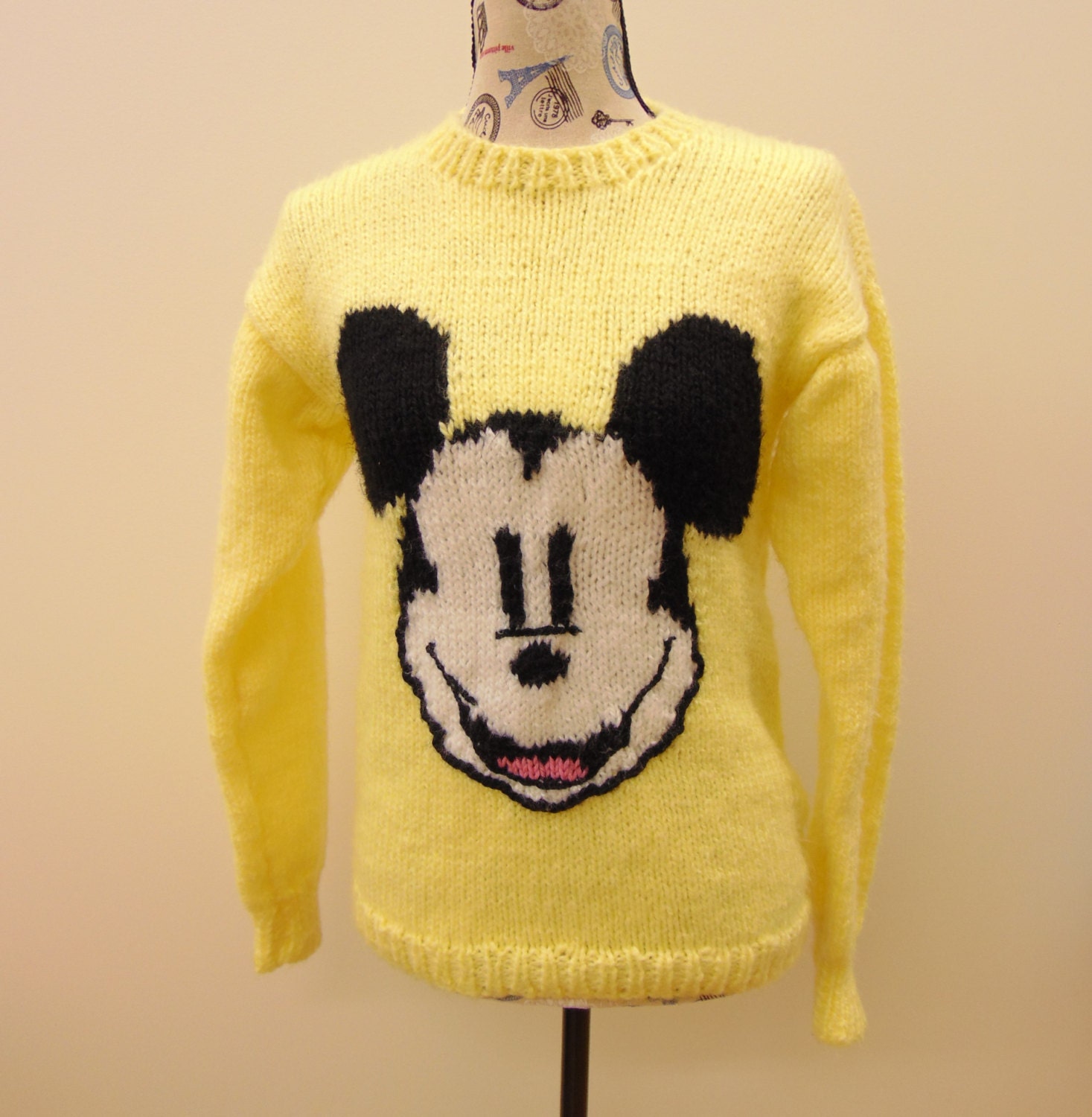 Vintage Mickey Mouse Sweater Hand Knit Yellow w/ Mickey