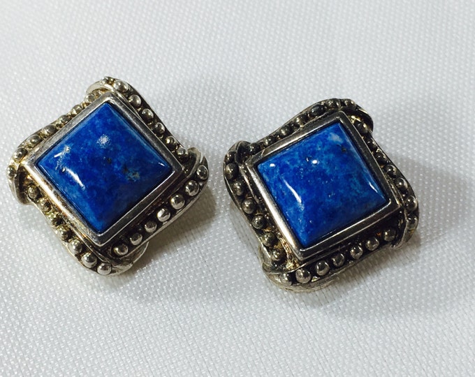 Storewide 25% Off SALE Vintage Sterling Silver Cobalt Blue Lapis Designer Square Earrings Featuring Elegant Beaded Trim Design