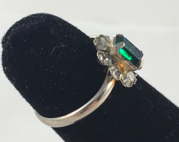 Storewide 25% Off SALE Vintage Silver Tone Emerald Green Adjustable Cocktail Ring Featuring Rhinestone Flanked Design