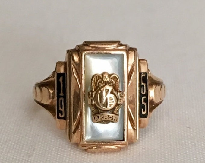 Storewide 25% Off SALE Vintage 10k Gold Akron Ohio TerryBerry Designed 1955 Ladies Class Ring Featuring Mother Of Pearl Inlaid Face
