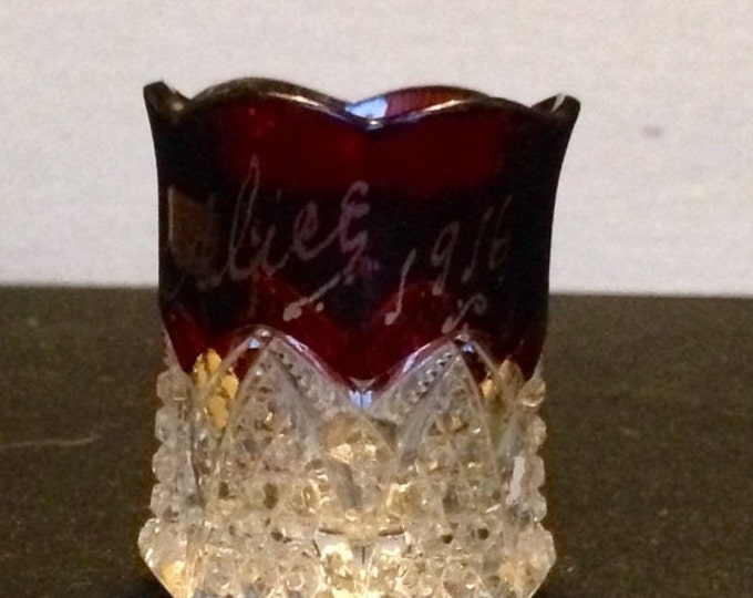 Storewide 25% Off SALE Antique 1916 Heisey Ruby Red Crystal Etched Glass Toothpick Holder Featuring Hand Painted Alice Monograming Design