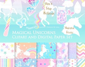 20% off Magical Unicorns / White Unicorns / Einhorn / Unicorn Clip Art + Digital Paper Set - Instant Download