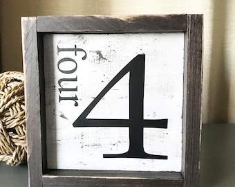 Family NUMBER sign, Flash card, framed wooden number sign, wall art, farmhouse decor, handmade, rustic home decor, vintage style