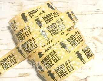 7/8" Dobby Elf Yellow Gold Black Foil USDR grosgrain ribbon 3 yards 5 yards