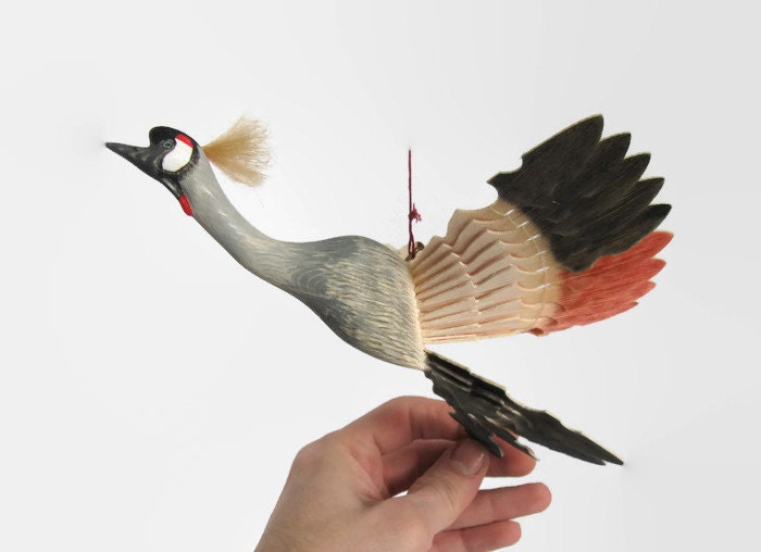 Handmade Fan Bird Mobile Wood Carving Grey Crowned by MyFanbirds