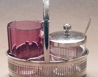 Vintage Cranberry Glass and Silver Plate Condiment Set