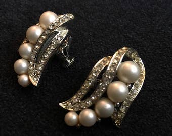 Vintage Faux Pearl and Rhinestone Earrings