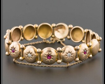 Antique Gold Bracelet | 14k Gold Ruby & Diamond Button Bracelet | 14k Gold Bracelet | Antique Bracelet