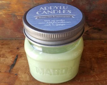 Green Tea and Lemongrass Candle / 8oz Mason Jar Candle / Soy Candle / Summer Candle / Green Tea Candle