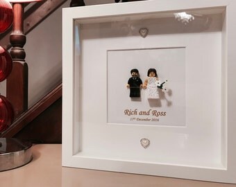 Lego wedding gift frame. Custom! Bride wears lace dress.
