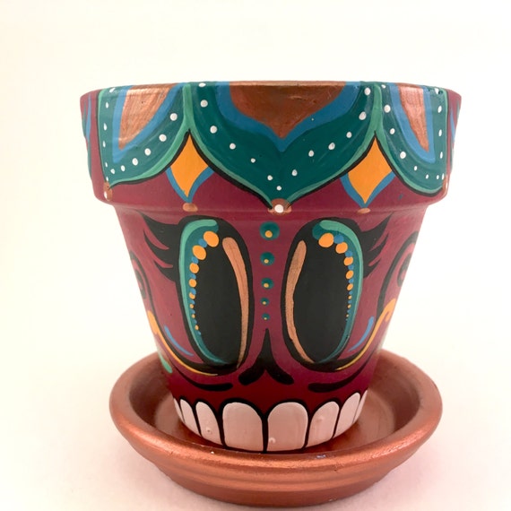 Day of the Dead Flower Pot Planter Set with Tray Sugar Skull Catrina