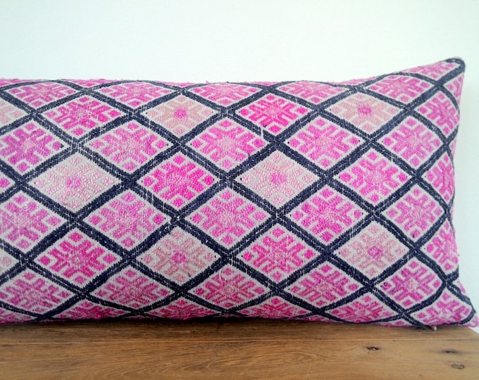 11" x 24" Vintage Chinese Wedding Blanket Lumbar Pillow Cover/Boho Pink and Indigo Ethnic Embroidered Dowry Textile/Handwoven Silk Cushion
