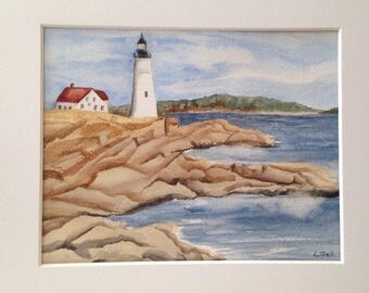 Original watercolor painting Lighthouse on Cliff matted and signed