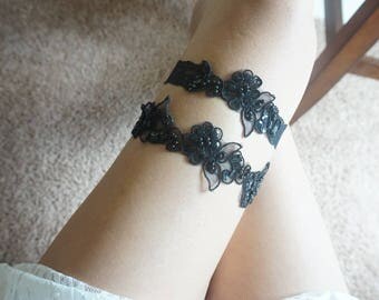 Black lace garter set, honeymoon black garter, lace black garters, wedding black garter, set of black garter, bridal black lace garter