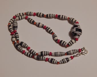 Black & White Paper Bead, Red Glass Bead 20" Necklace