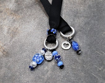 Blue Painted floral Beaded Bookmark with "Follow your heart tag"